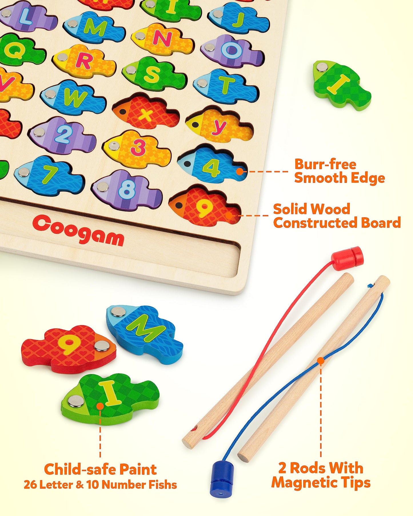 Coogam Magnetic Alphabet Numbers Fishing Game – Wooden Montessori Toy for Preschoolers