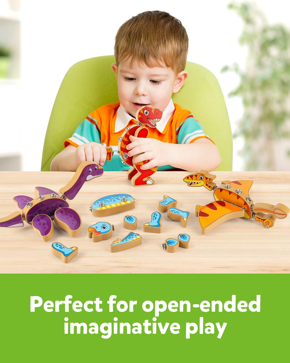 Coogam Dinosaur Snap Together Building Toys – Wooden STEM Playset for 3-5 Year Olds