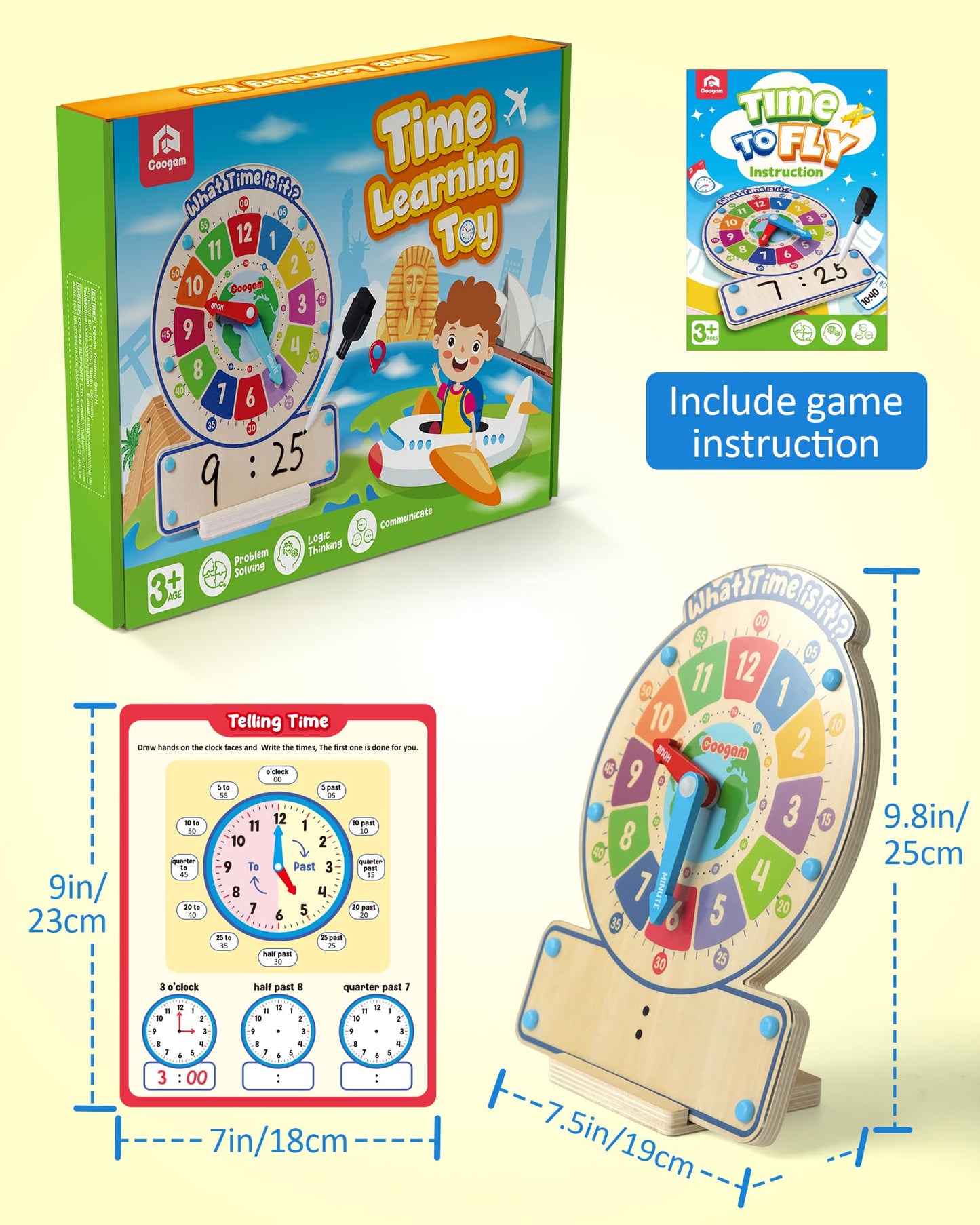 Coogam Wooden Clock Teaching Time Toy | Analog & Digital Time Learning Board Game for 3–5 Year Olds