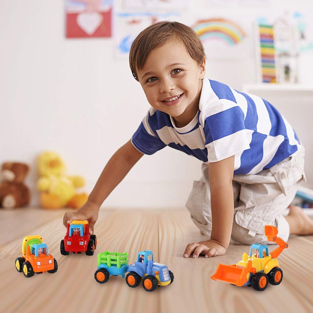Coogam 4 Pack Friction Powered Construction Cars — Push & Go Trucks for Kids