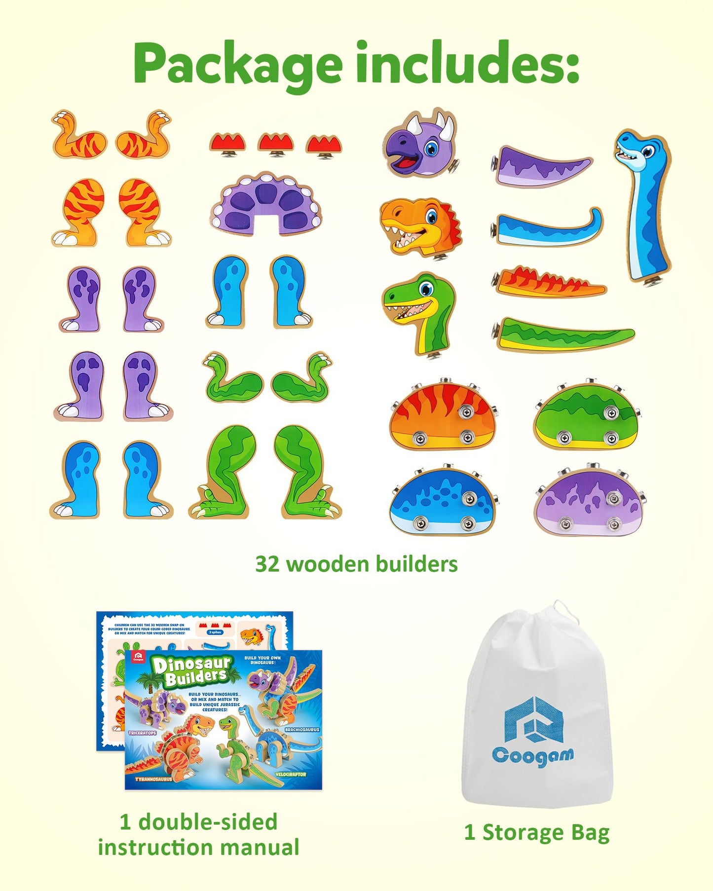 Coogam Build Your Own Dinosaurs Toy – Wooden STEM Take-Apart Builder for 3–5-Year-Olds