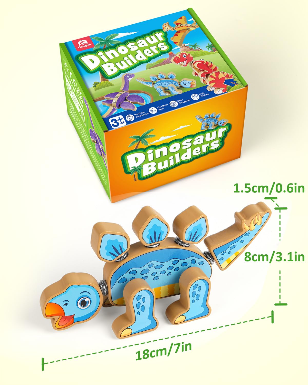 Coogam Dinosaur Snap Together Building Toys – Wooden STEM Playset for 3-5 Year Olds