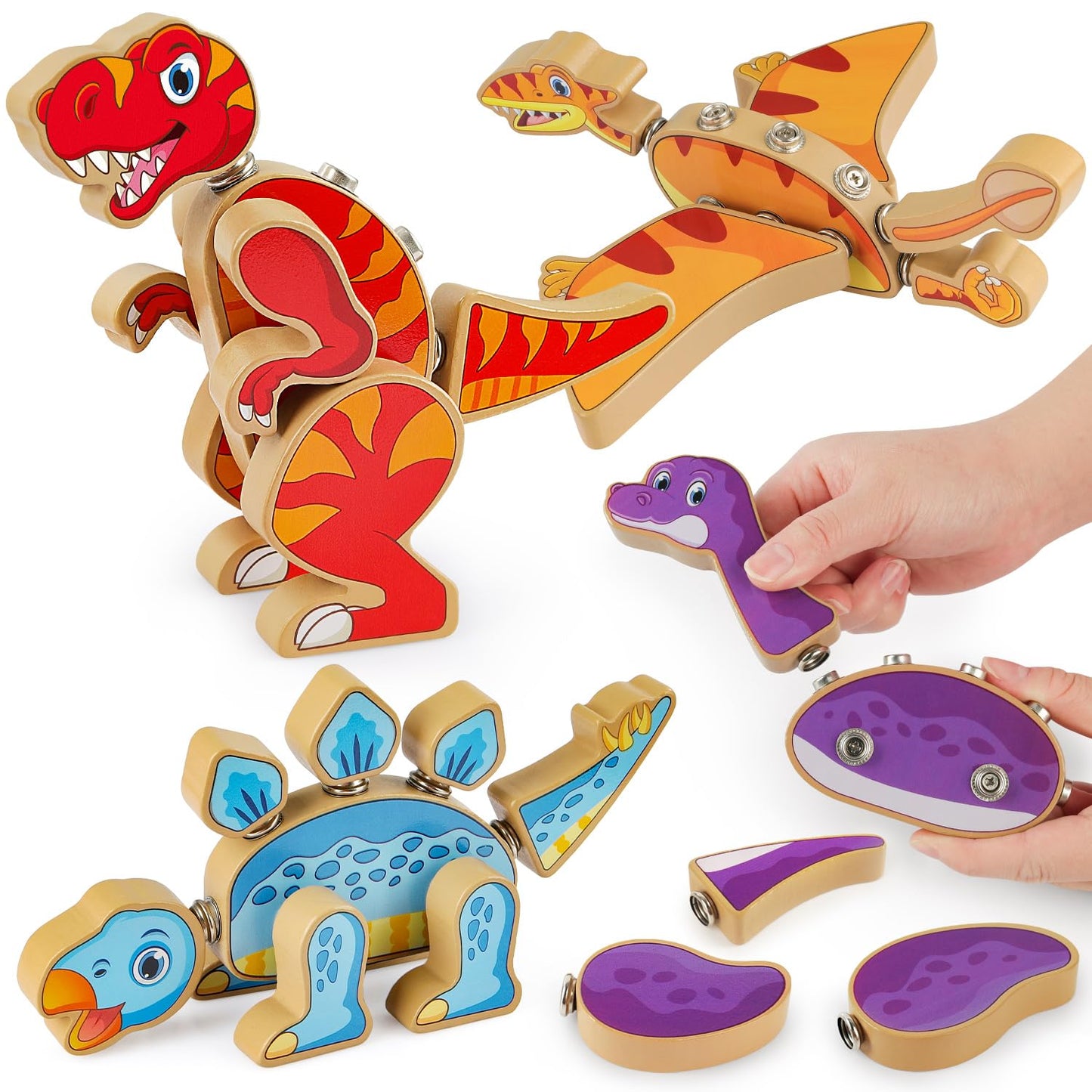 Coogam Dinosaur Snap Together Building Toys – Wooden STEM Playset for 3-5 Year Olds