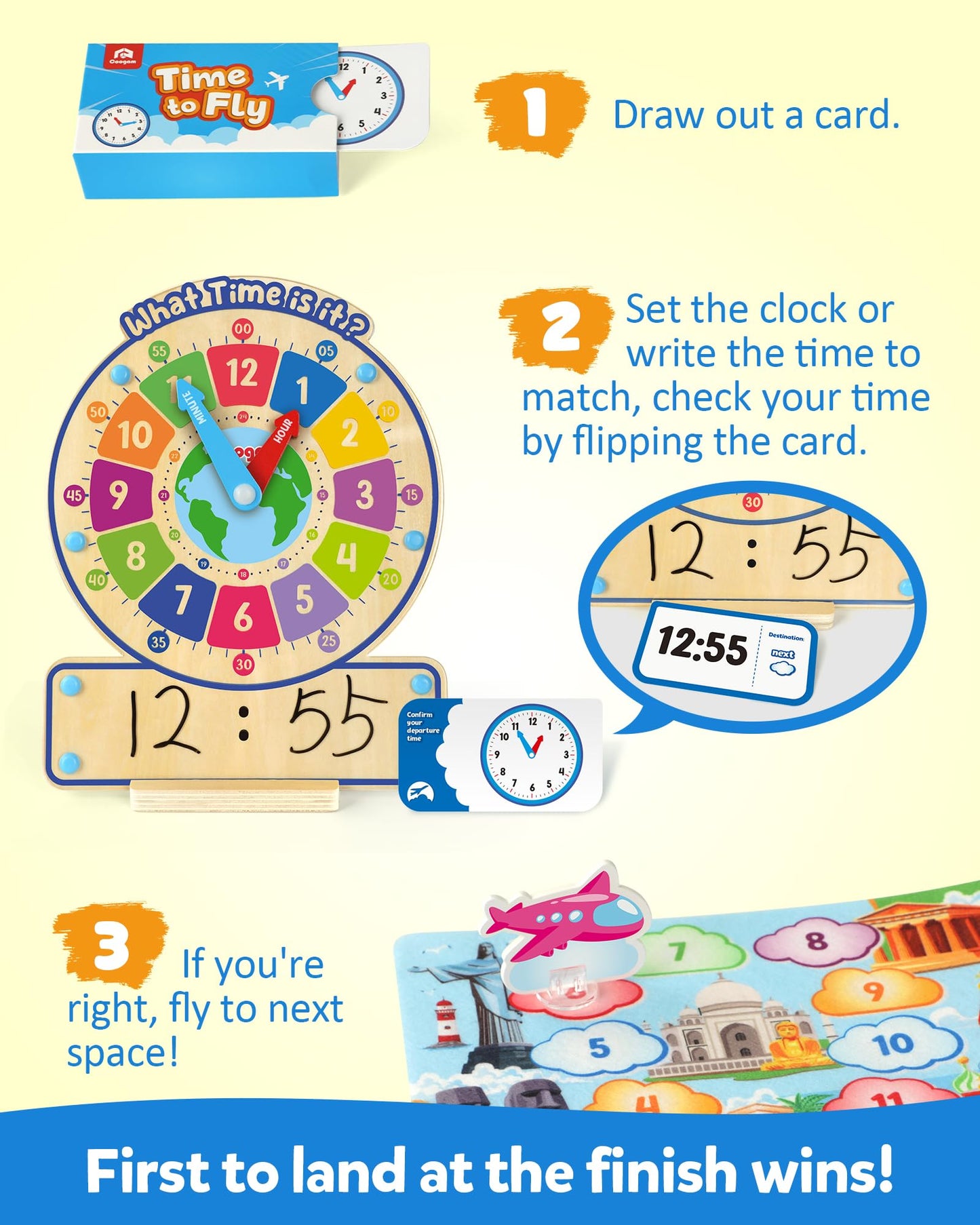 Coogam Wooden Clock Teaching Time Toy | Analog & Digital Time Learning Board Game for 3–5 Year Olds