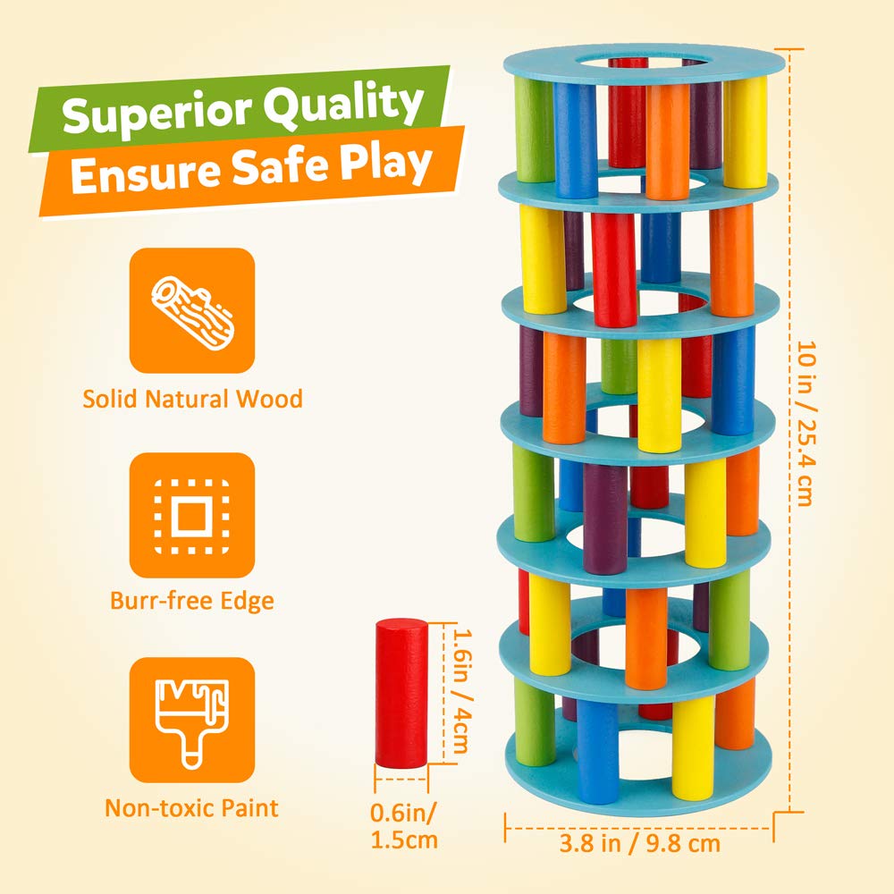 Coogam Wooden Tower Stacking Game - Montessori Blocks for Fine Motor Skills and Family Fun
