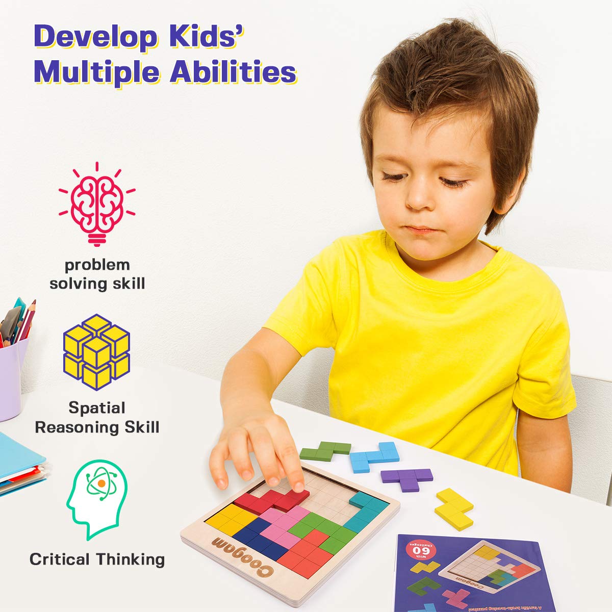 Coogam Wooden Puzzle Pattern Blocks – 60 Challenges, 3D Tangram Brain Teasers