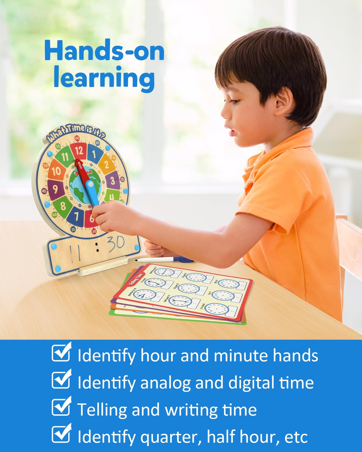 Coogam Wooden Clock Teaching Time Toy | Analog & Digital Time Learning Board Game for 3–5 Year Olds