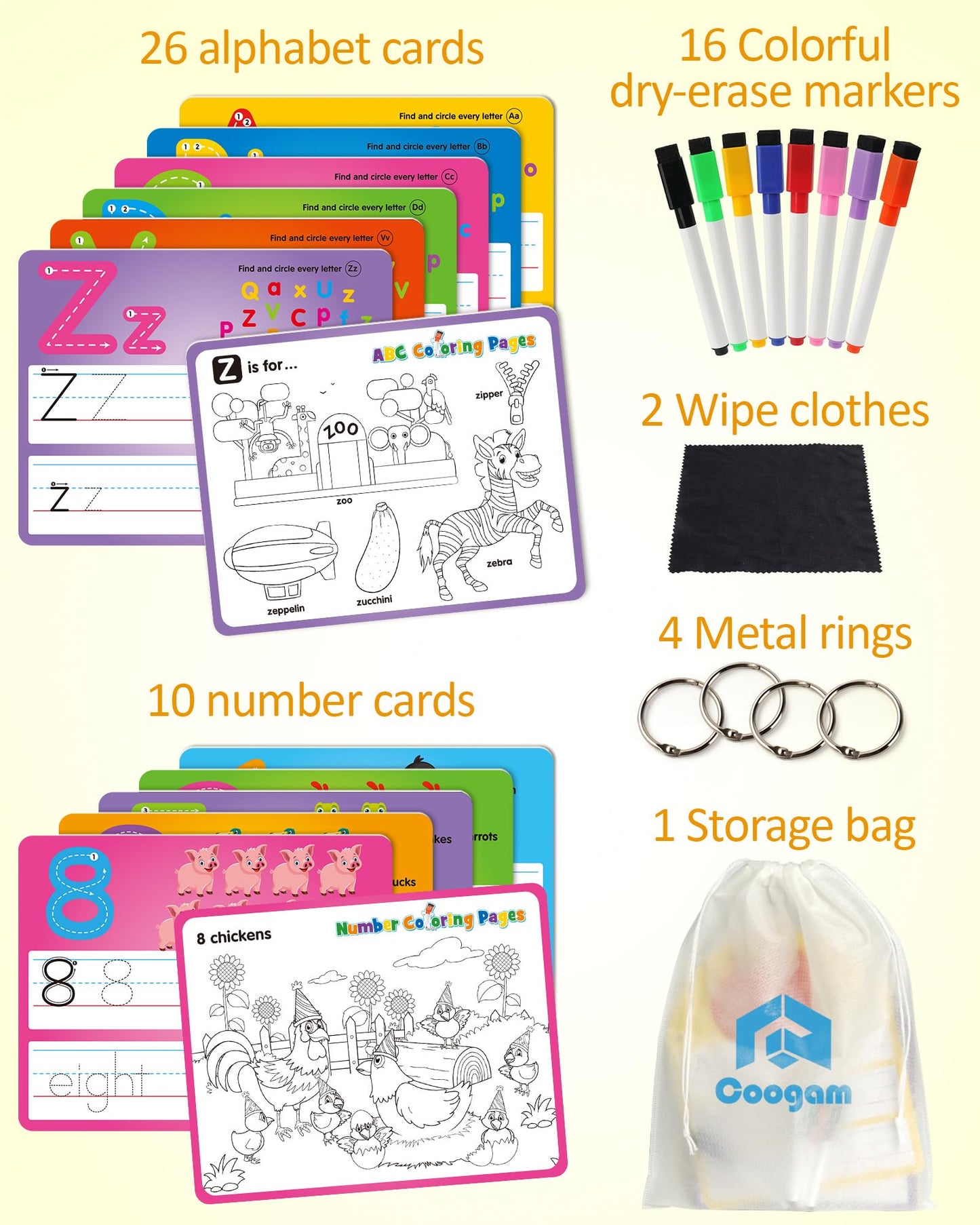 Coogam Handwriting & Drawing Practice Cards – 36pc Alphabet & Numbers, Double-Sided Write & Wipe Flashcards
