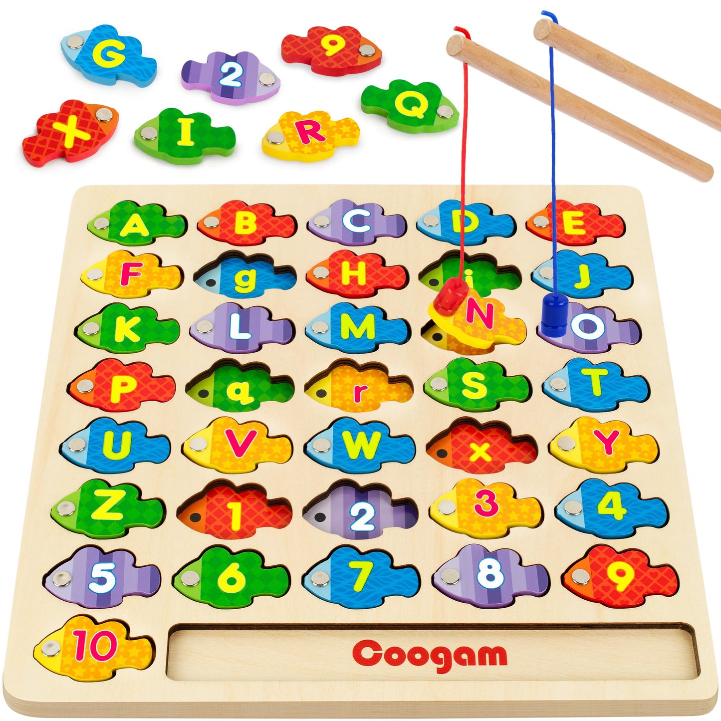Coogam Magnetic Alphabet Numbers Fishing Game – Wooden Montessori Toy for Preschoolers