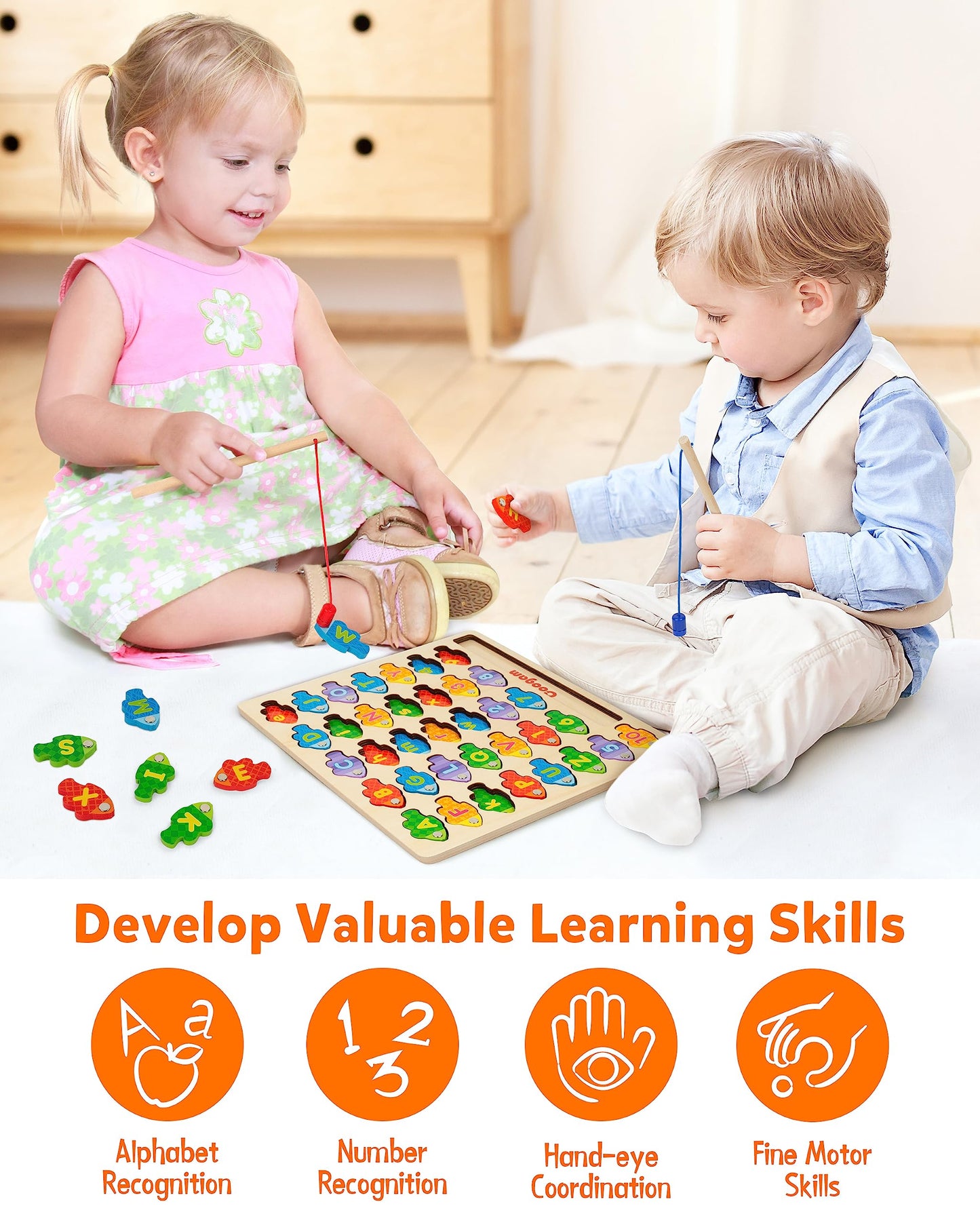 Coogam Magnetic Alphabet Numbers Fishing Game – Wooden Montessori Toy for Preschoolers
