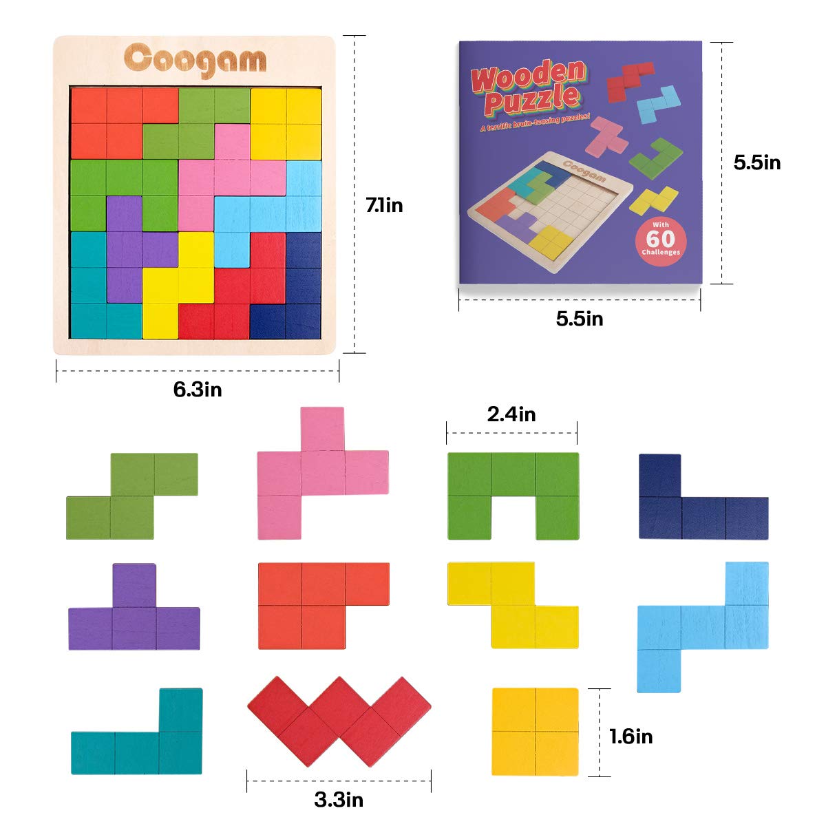 Coogam Wooden Puzzle Pattern Blocks – 60 Challenges, 3D Tangram Brain Teasers