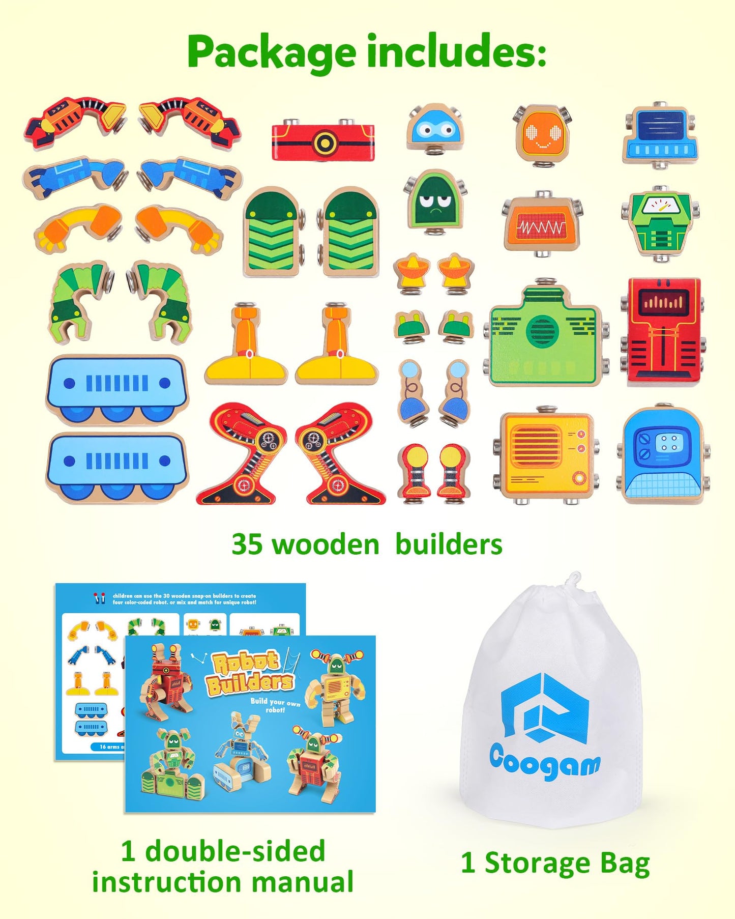 Coogam Fine Motor Building Robot Blocks – Wooden STEM Toy for Ages 3–5