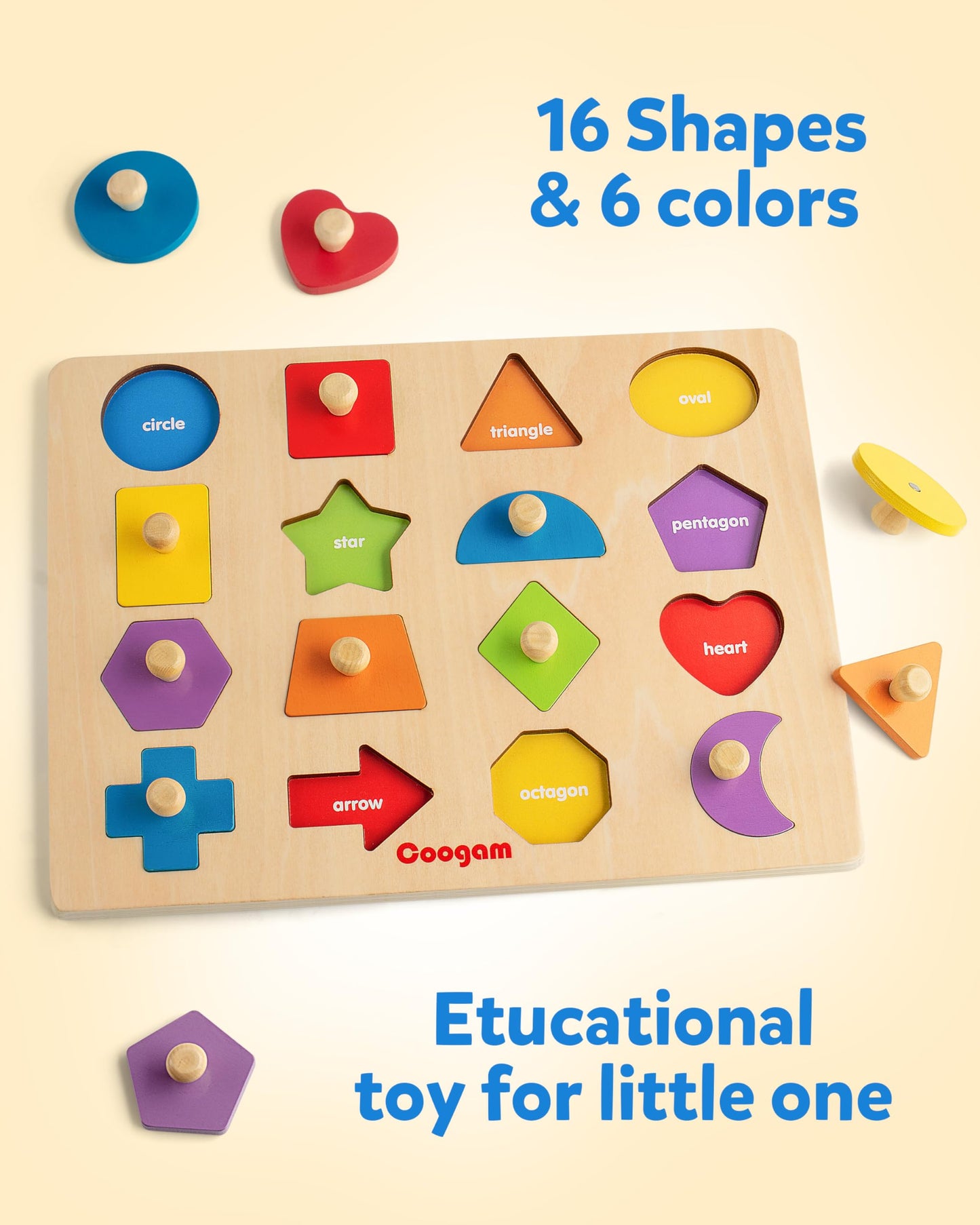 Coogam Montessori Wooden Shape Peg Puzzle – Color Matching & Fine Motor Toy for Toddlers