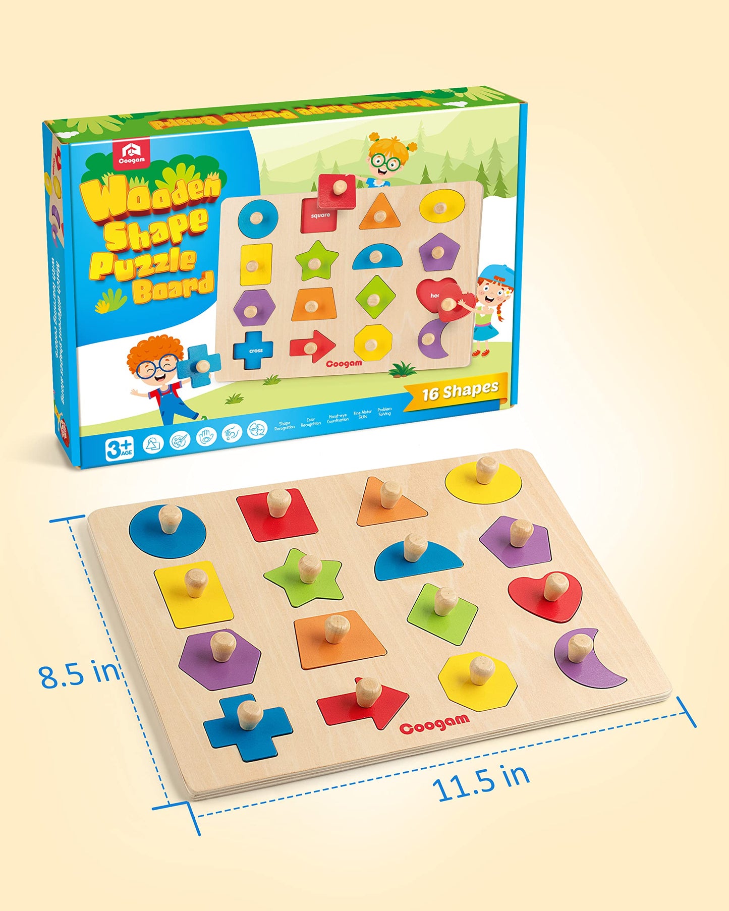 Coogam Montessori Wooden Shape Peg Puzzle – Color Matching & Fine Motor Toy for Toddlers
