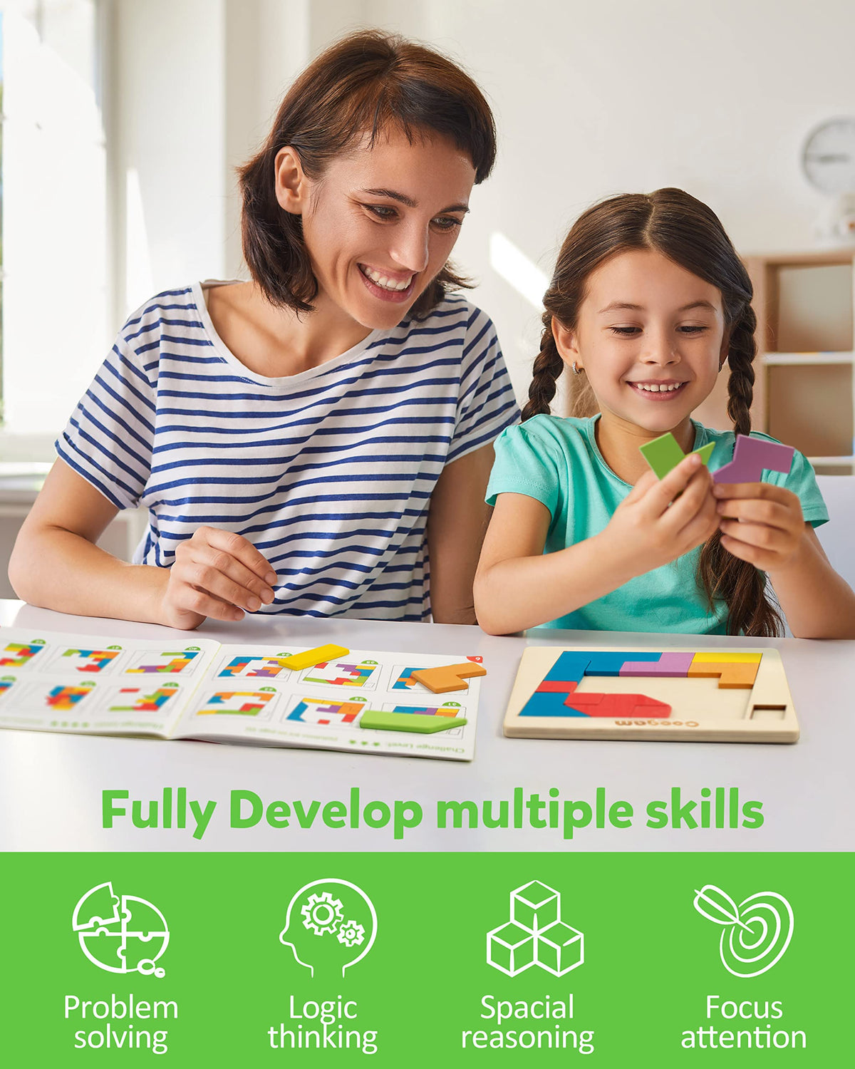 Coogam Wooden Tangram Puzzle Blocks – 60 Challenges | Montessori STEM Toy for All Ages