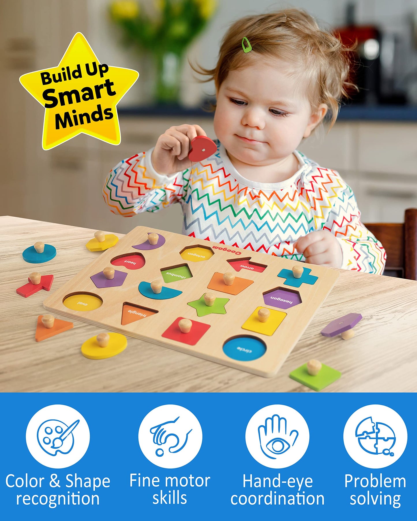 Coogam Montessori Wooden Shape Peg Puzzle – Color Matching & Fine Motor Toy for Toddlers
