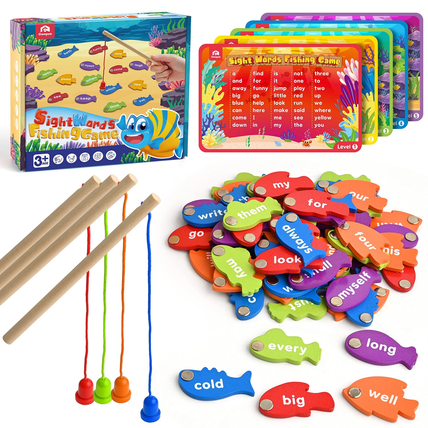 Coogam Wooden Magnetic Fishing Sight Words Game | Dolch Flashcards for Preschool