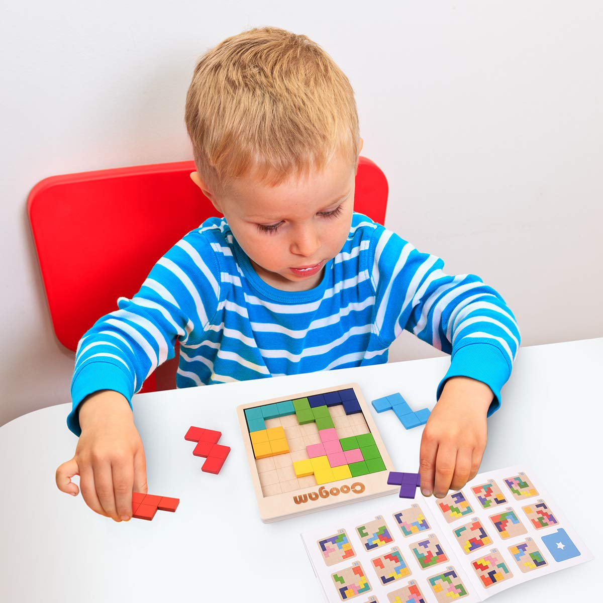 Coogam Wooden Puzzle Pattern Blocks – 60 Challenges, 3D Tangram Brain Teasers