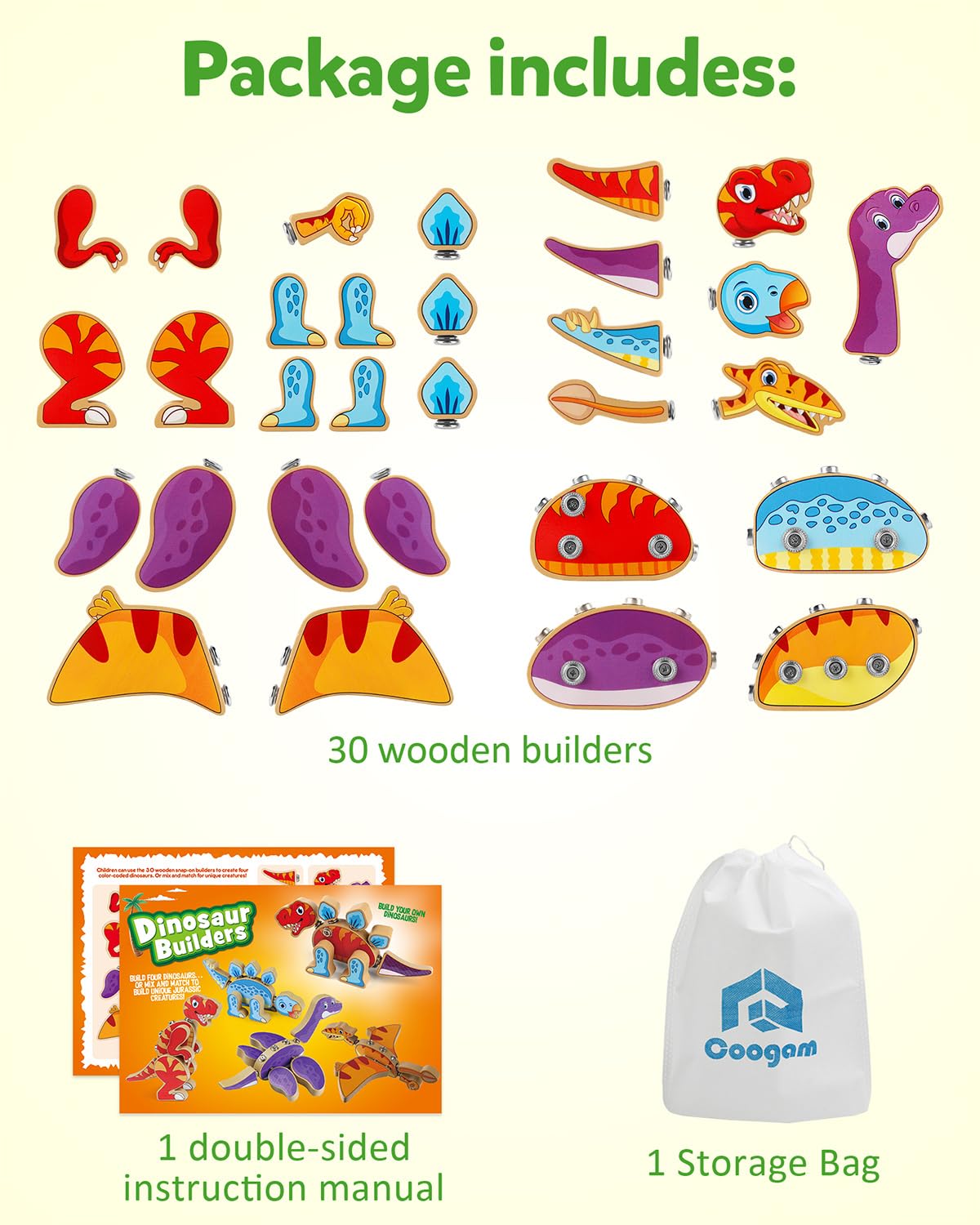 Coogam Dinosaur Snap Together Building Toys – Wooden STEM Playset for 3-5 Year Olds