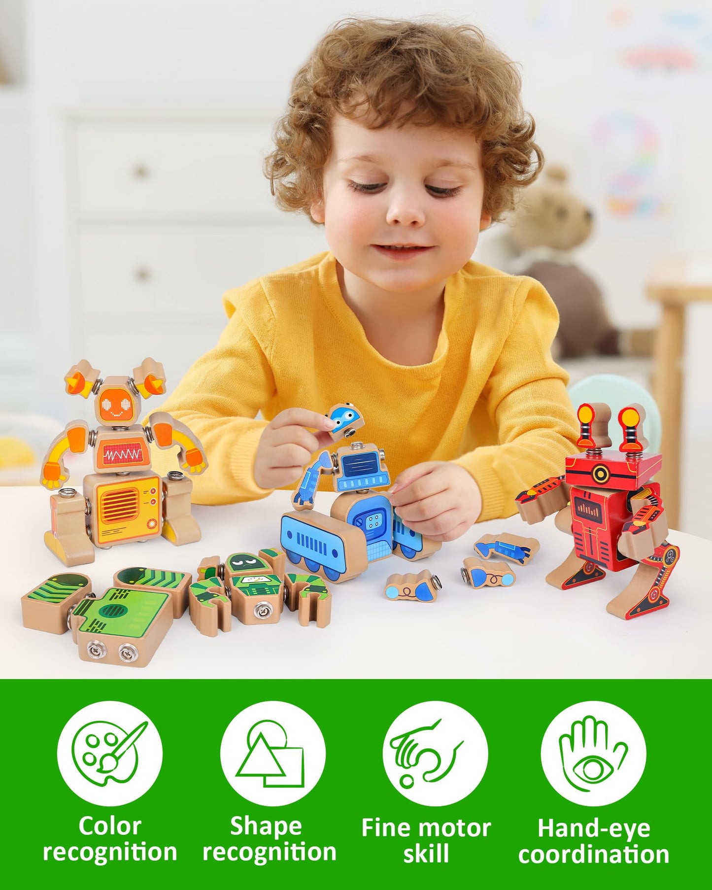 Coogam Fine Motor Building Robot Blocks – Wooden STEM Toy for Ages 3–5