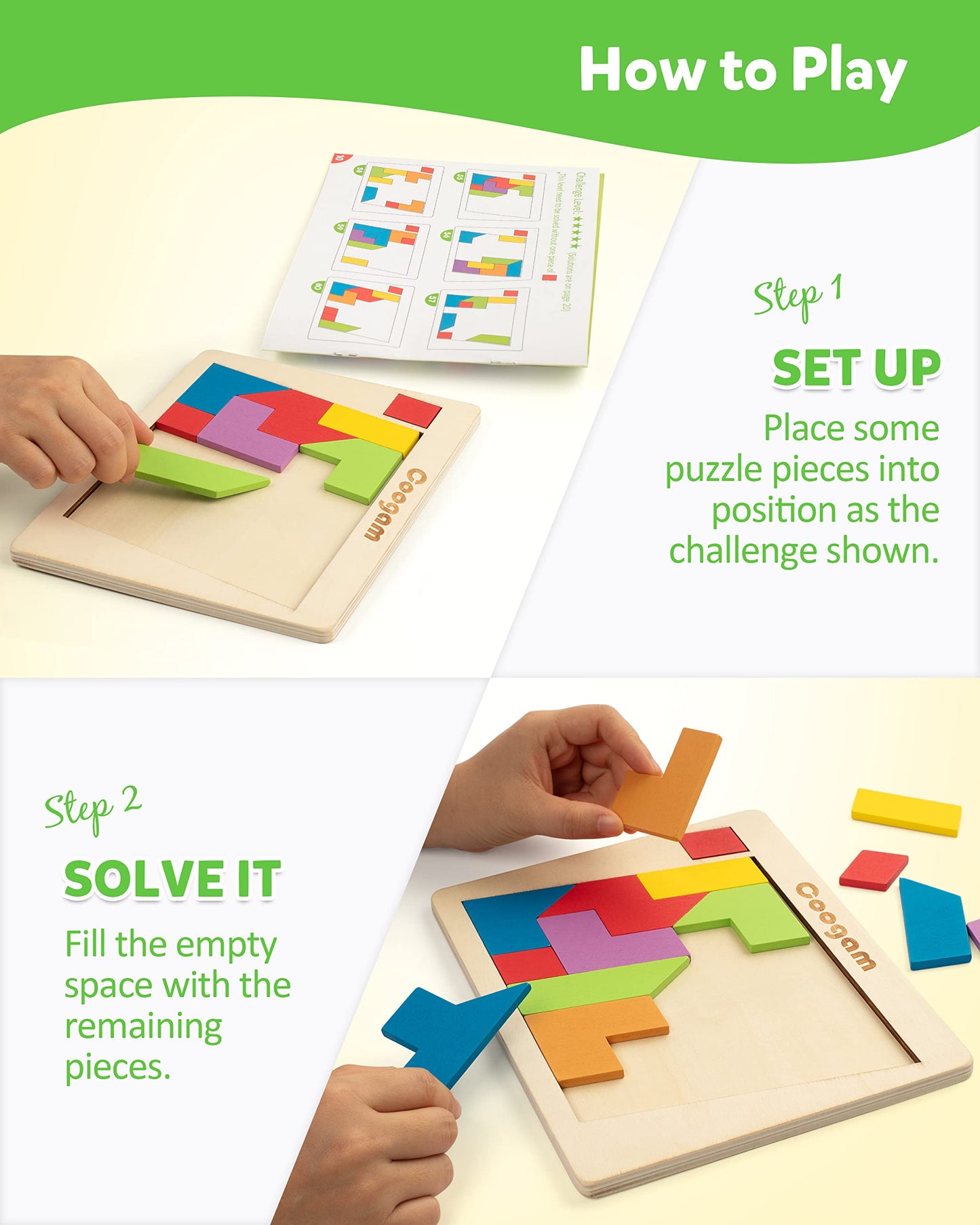 Coogam Wooden Tangram Puzzle Blocks – 60 Challenges | Montessori STEM Toy for All Ages
