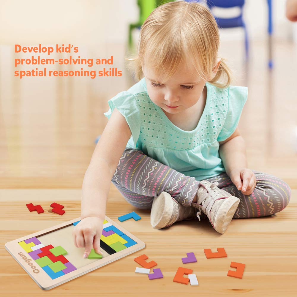 Coogam Wooden Blocks Puzzle – Colorful 40-Piece Tangram Jigsaw Brain Teasers