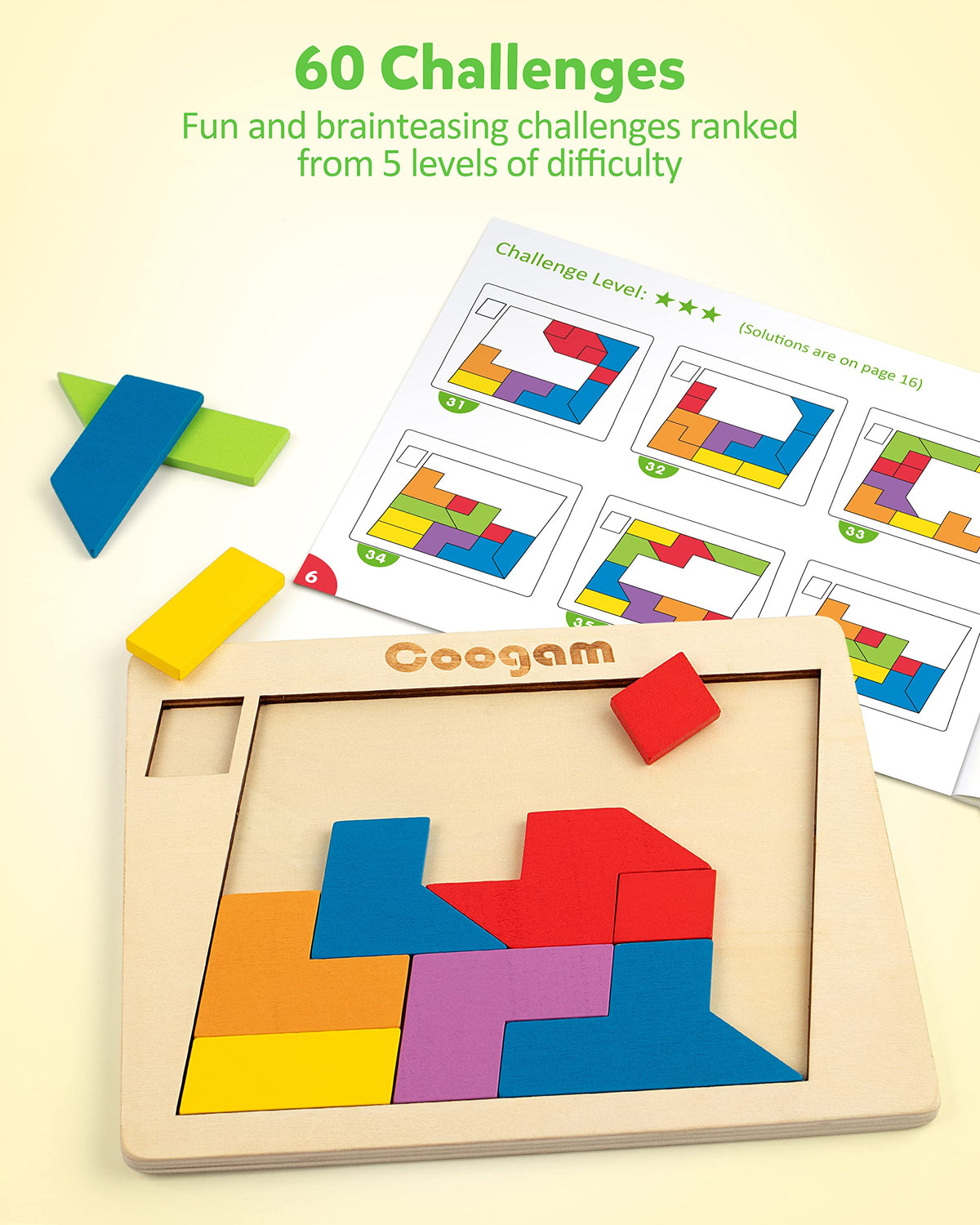 Coogam Wooden Tangram Puzzle Blocks – 60 Challenges | Montessori STEM Toy for All Ages