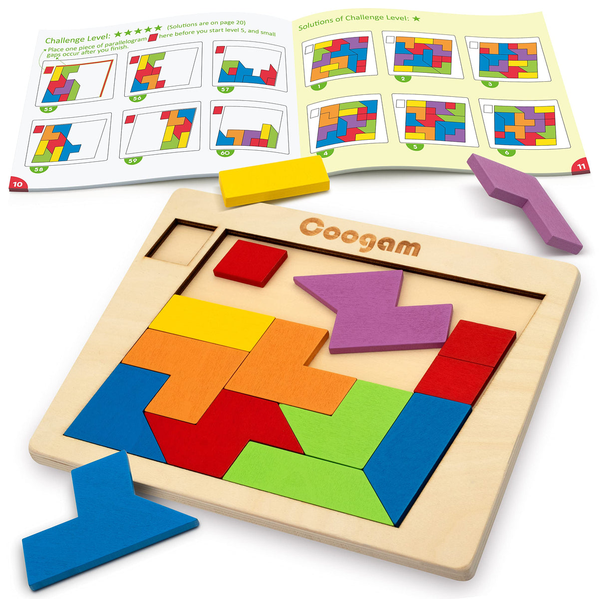 Coogam Wooden Tangram Puzzle Blocks – 60 Challenges | Montessori STEM Toy for All Ages
