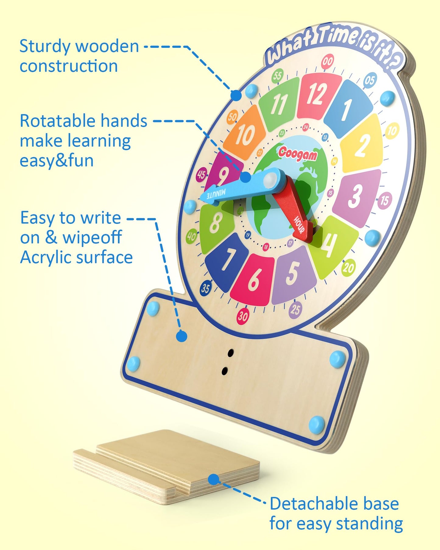 Coogam Wooden Clock Teaching Time Toy | Analog & Digital Time Learning Board Game for 3–5 Year Olds