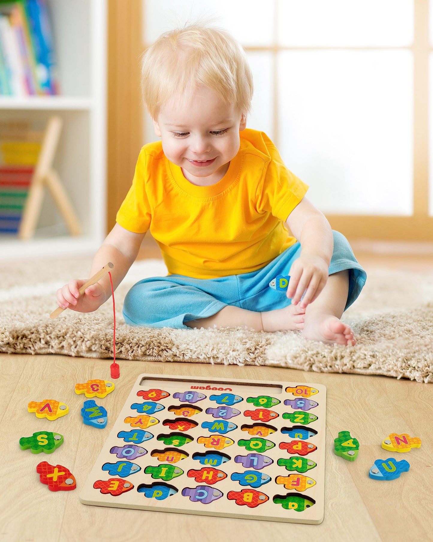 Coogam Magnetic Alphabet Numbers Fishing Game – Wooden Montessori Toy for Preschoolers