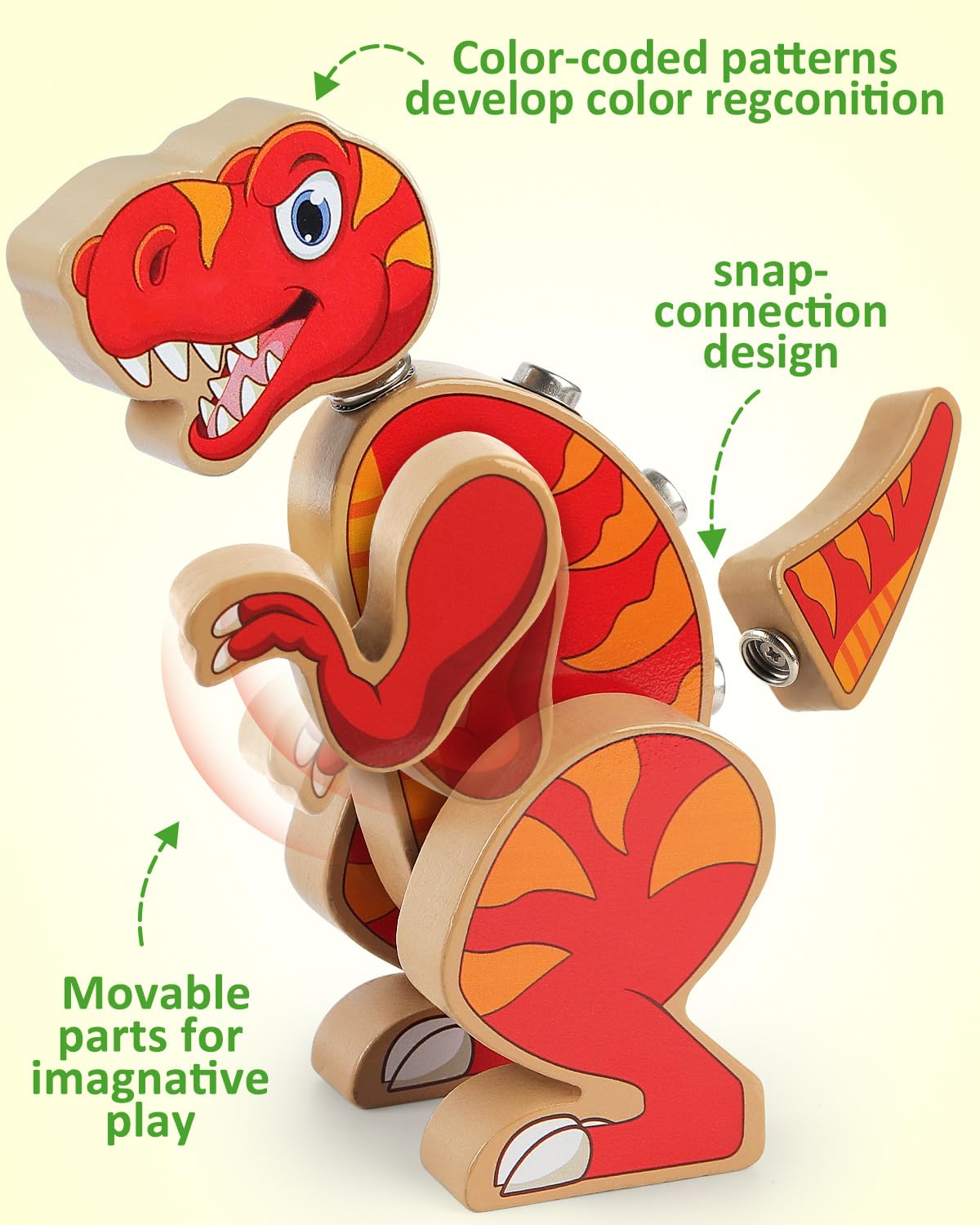 Coogam Dinosaur Snap Together Building Toys – Wooden STEM Playset for 3-5 Year Olds