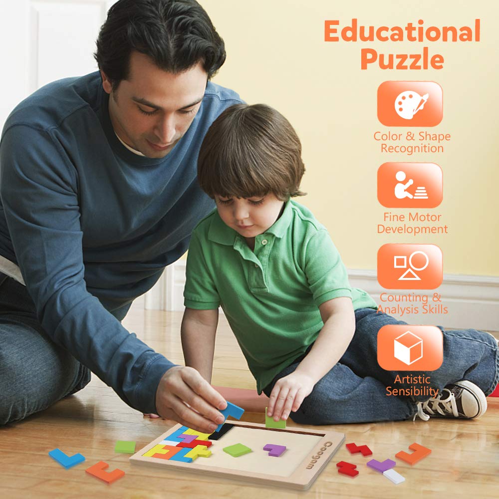 Coogam Wooden Blocks Puzzle – Colorful 40-Piece Tangram Jigsaw Brain Teasers