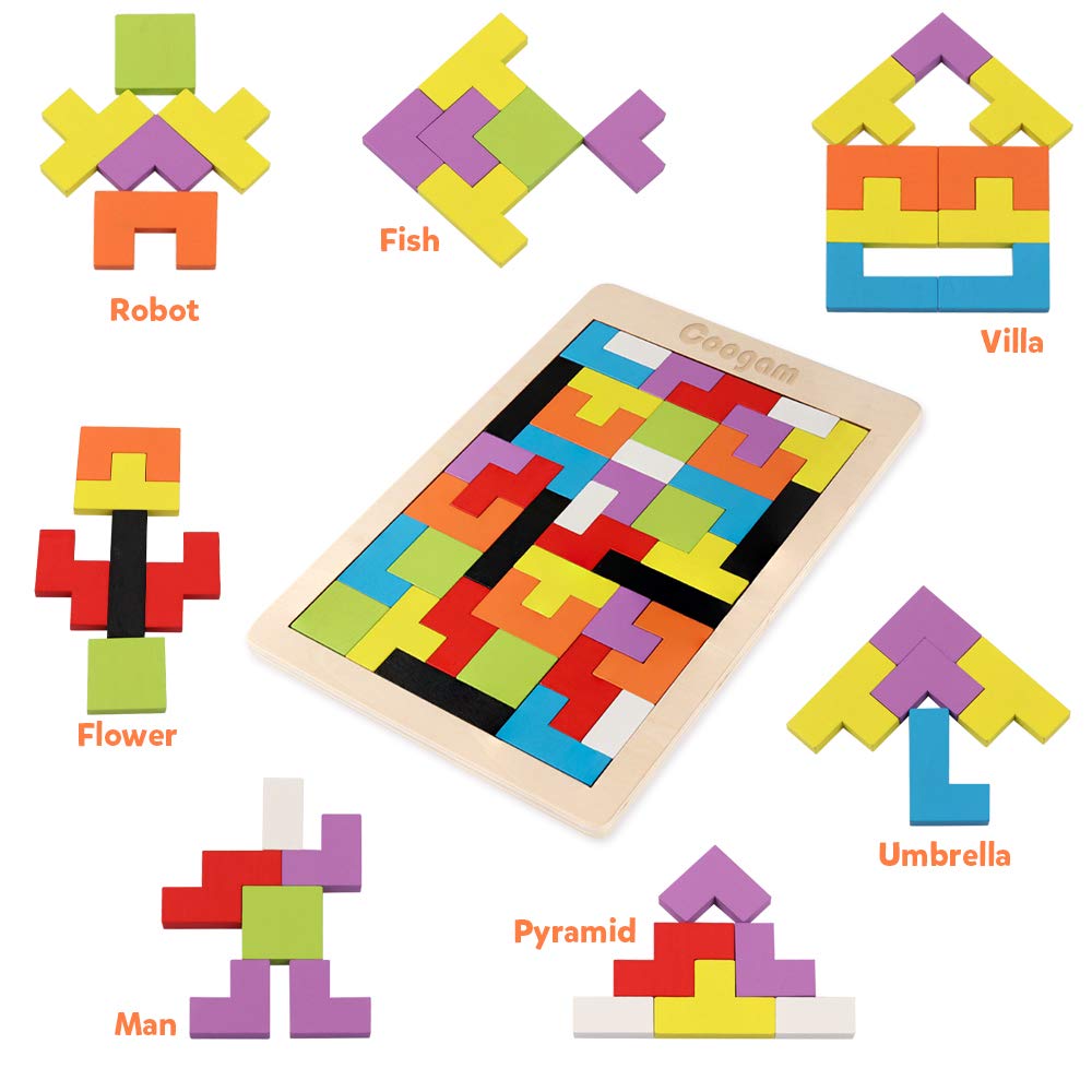 Coogam Wooden Blocks Puzzle – Colorful 40-Piece Tangram Jigsaw Brain Teasers