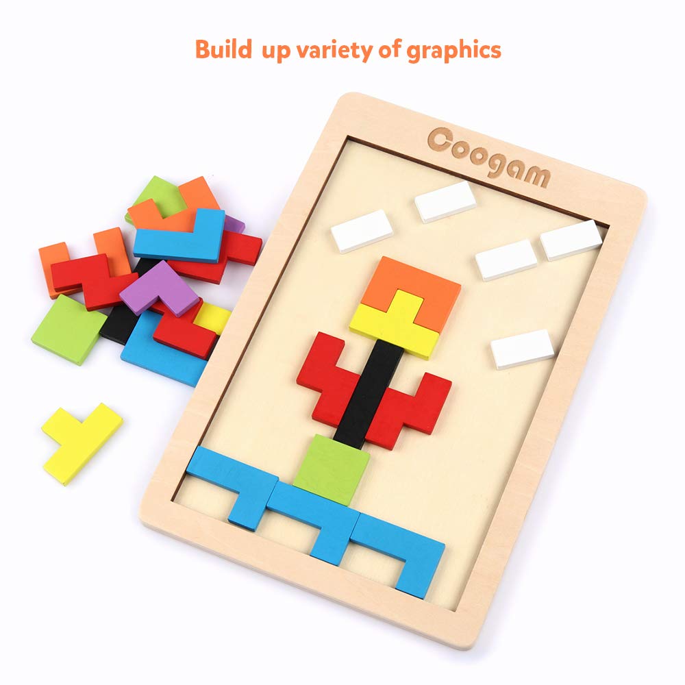 Coogam Wooden Blocks Puzzle – Colorful 40-Piece Tangram Jigsaw Brain Teasers