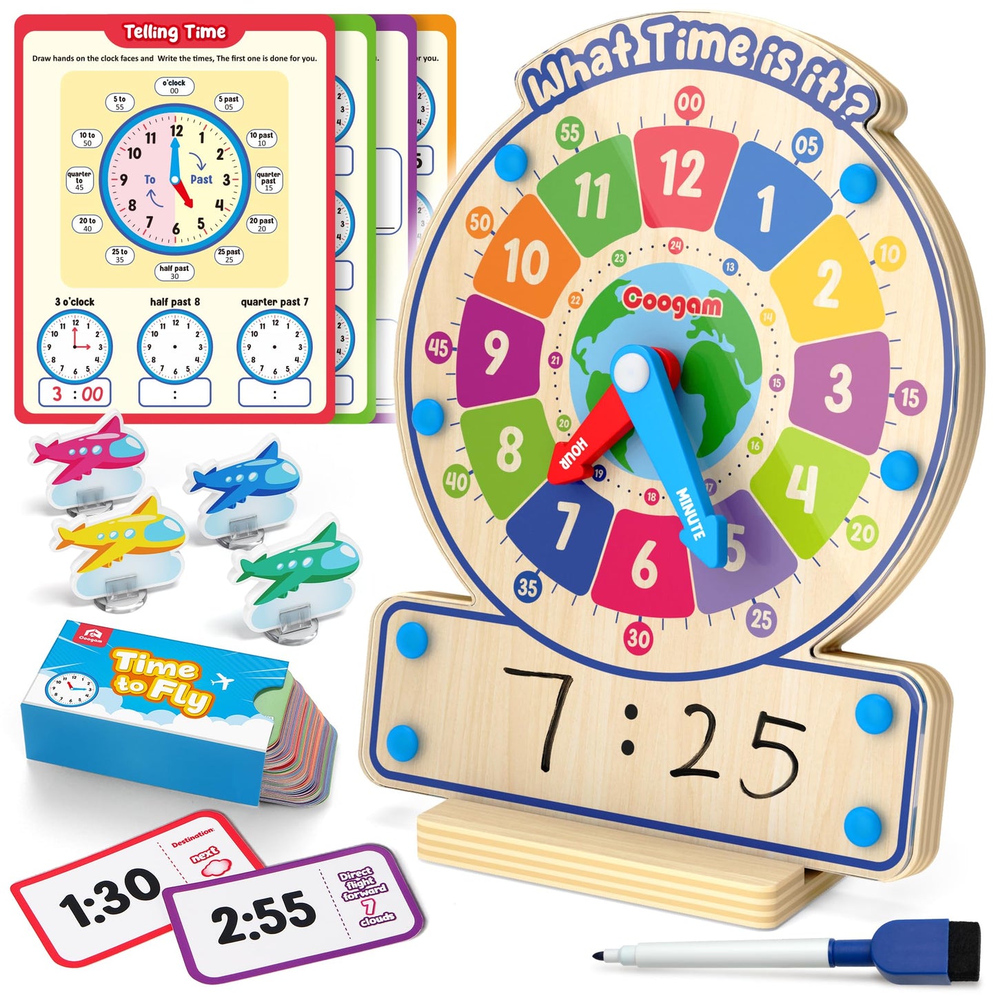 Coogam Wooden Clock Teaching Time Toy | Analog & Digital Time Learning Board Game for 3–5 Year Olds