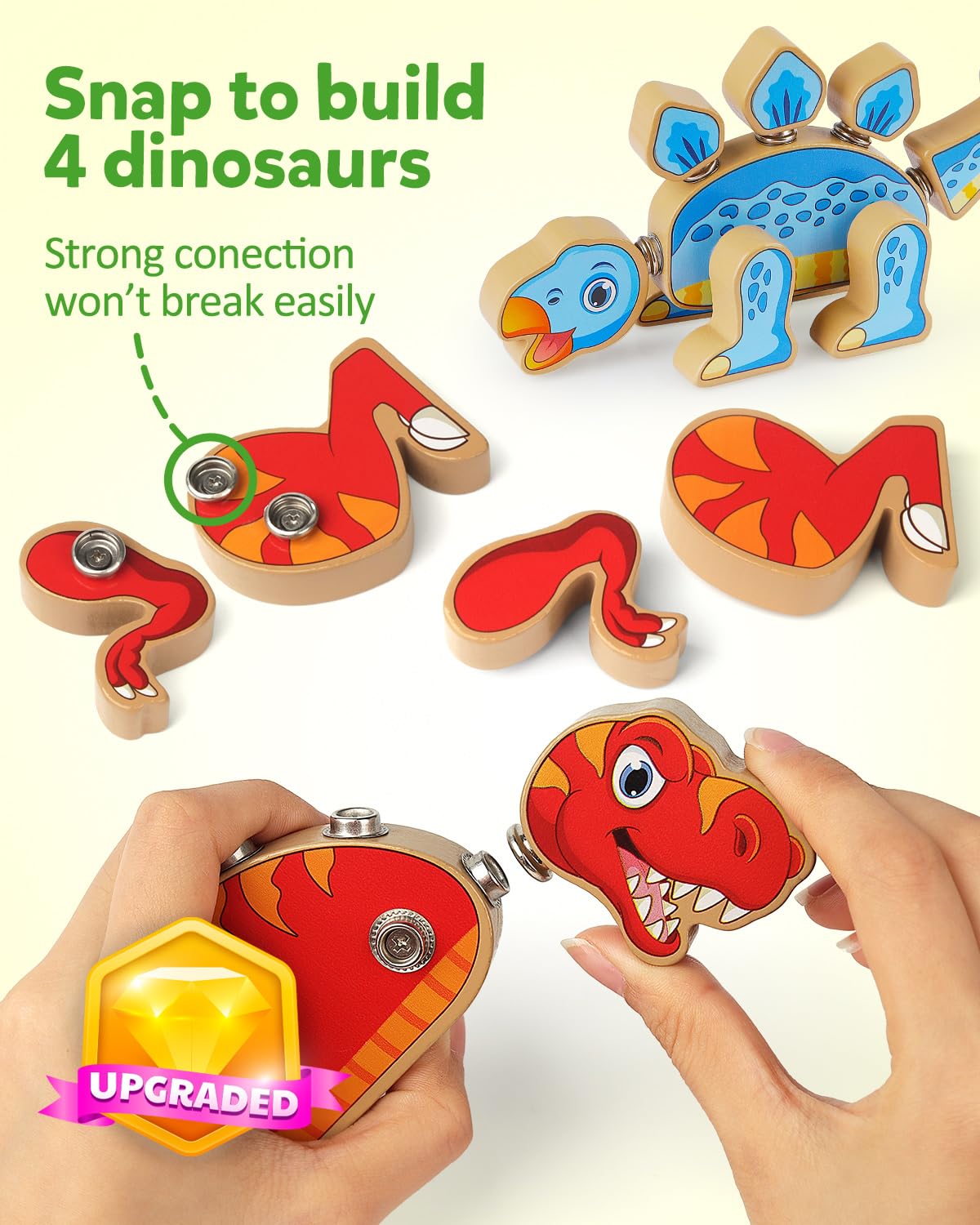 Coogam Dinosaur Snap Together Building Toys – Wooden STEM Playset for 3-5 Year Olds