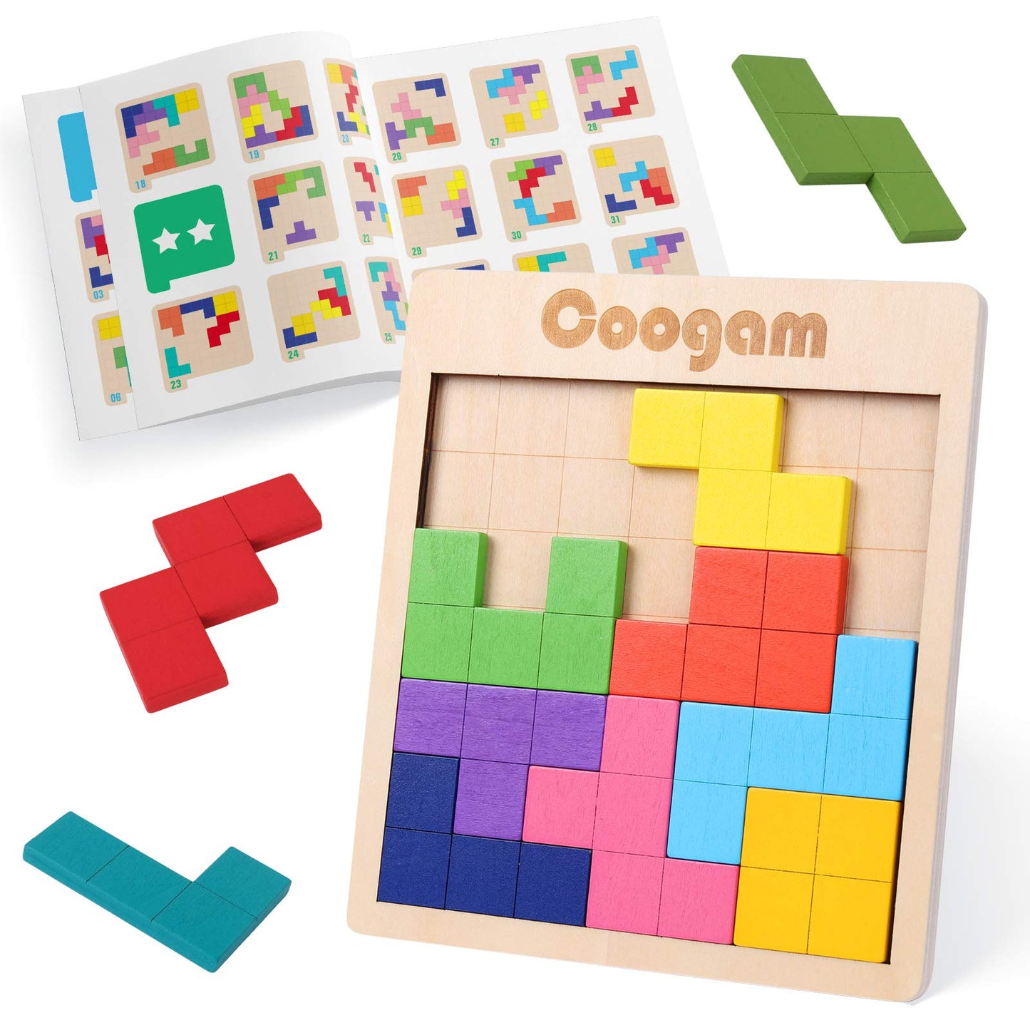 Coogam Wooden Puzzle Pattern Blocks – 60 Challenges, 3D Tangram Brain Teasers