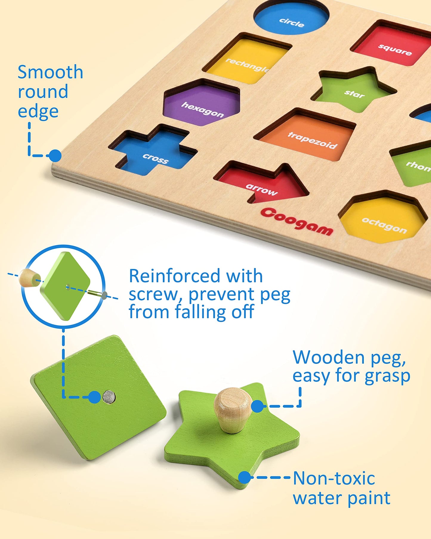 Coogam Montessori Wooden Shape Peg Puzzle – Color Matching & Fine Motor Toy for Toddlers