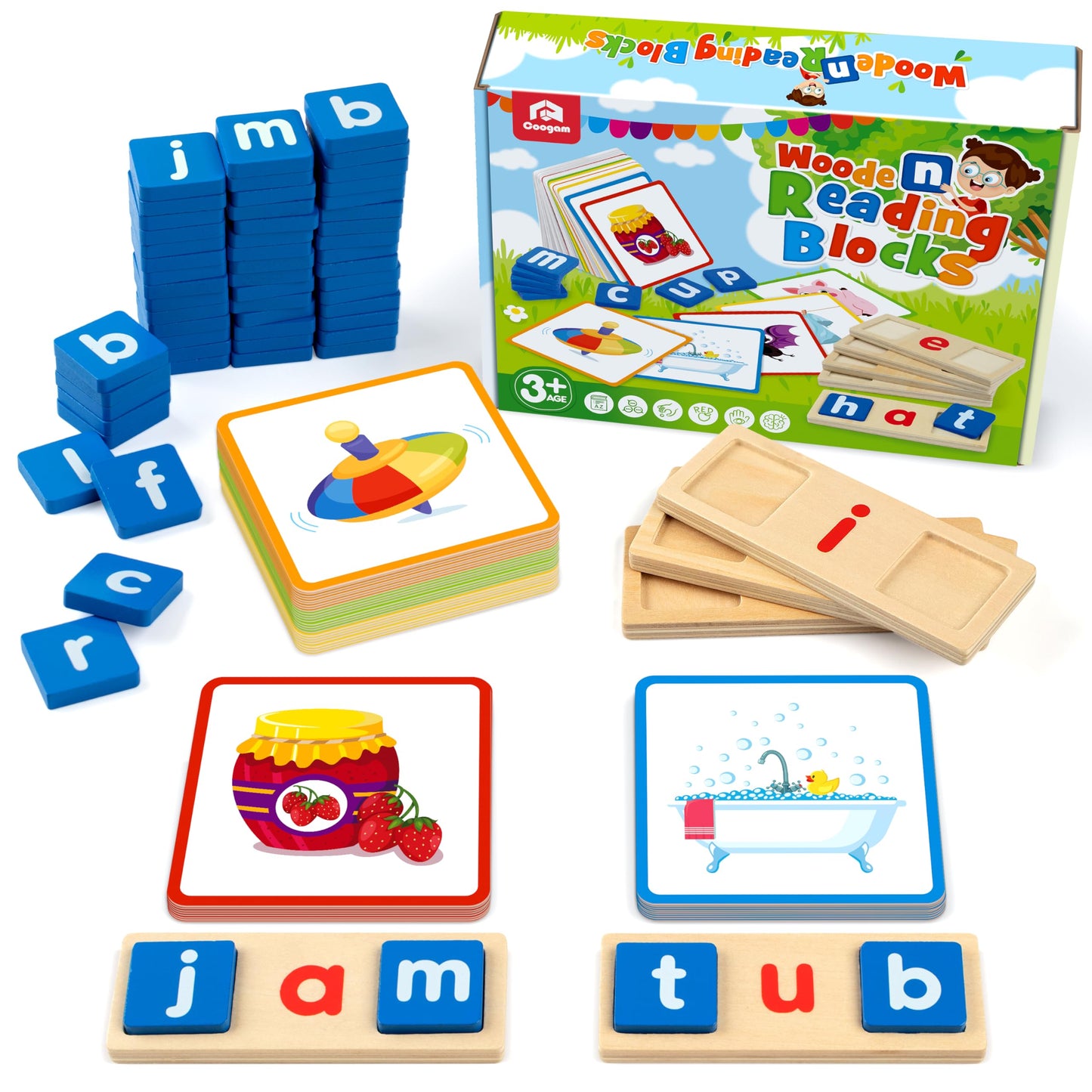 Coogam Wooden Short Vowel Reading Letters — Montessori Phonics Set for Ages 3–5