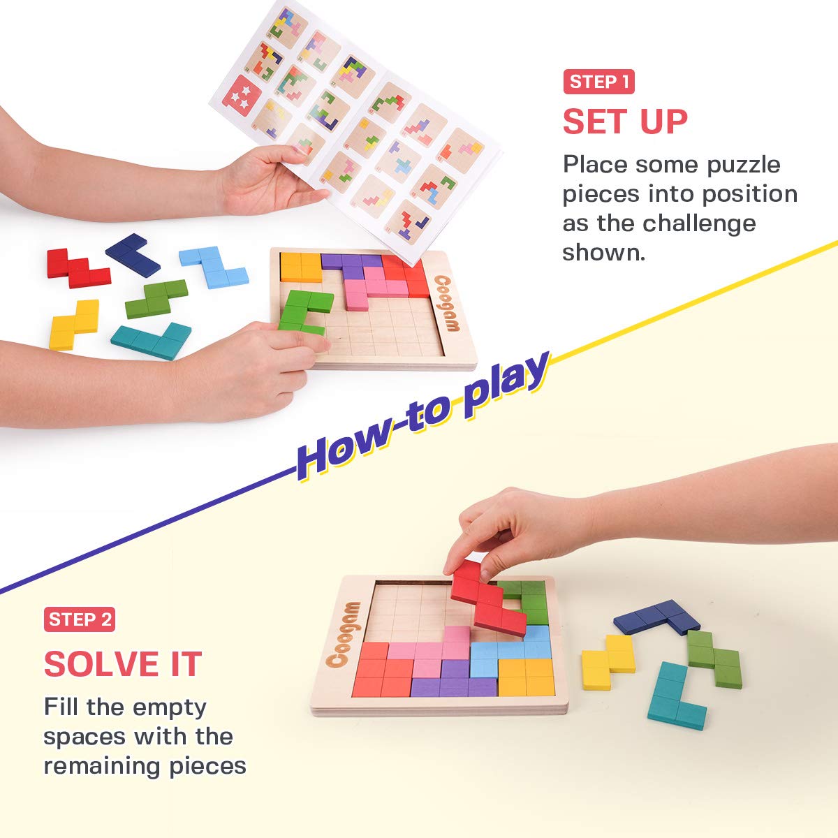 Coogam Wooden Puzzle Pattern Blocks – 60 Challenges, 3D Tangram Brain Teasers