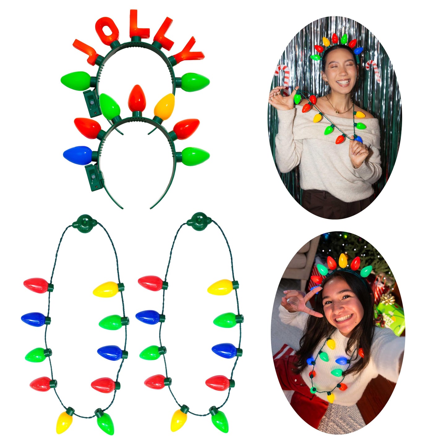 Cool Things Corp Light Up Christmas Necklace & Headband Set (4pc) – LED Holiday Accessories