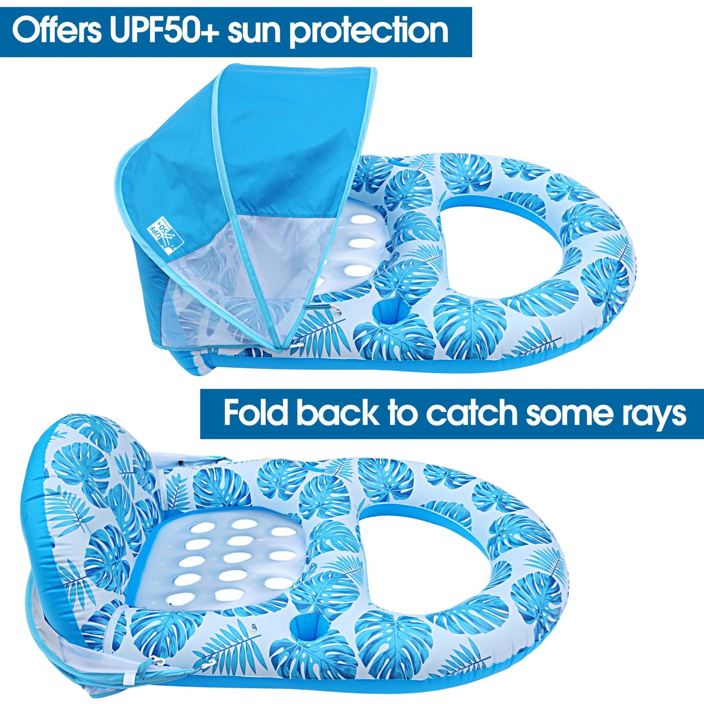 COOLCOOLDEE Pool Lounge Float with Canopy – UPF50+ Shade, Extra Large, Heavy-Duty Inflatable Lounger
