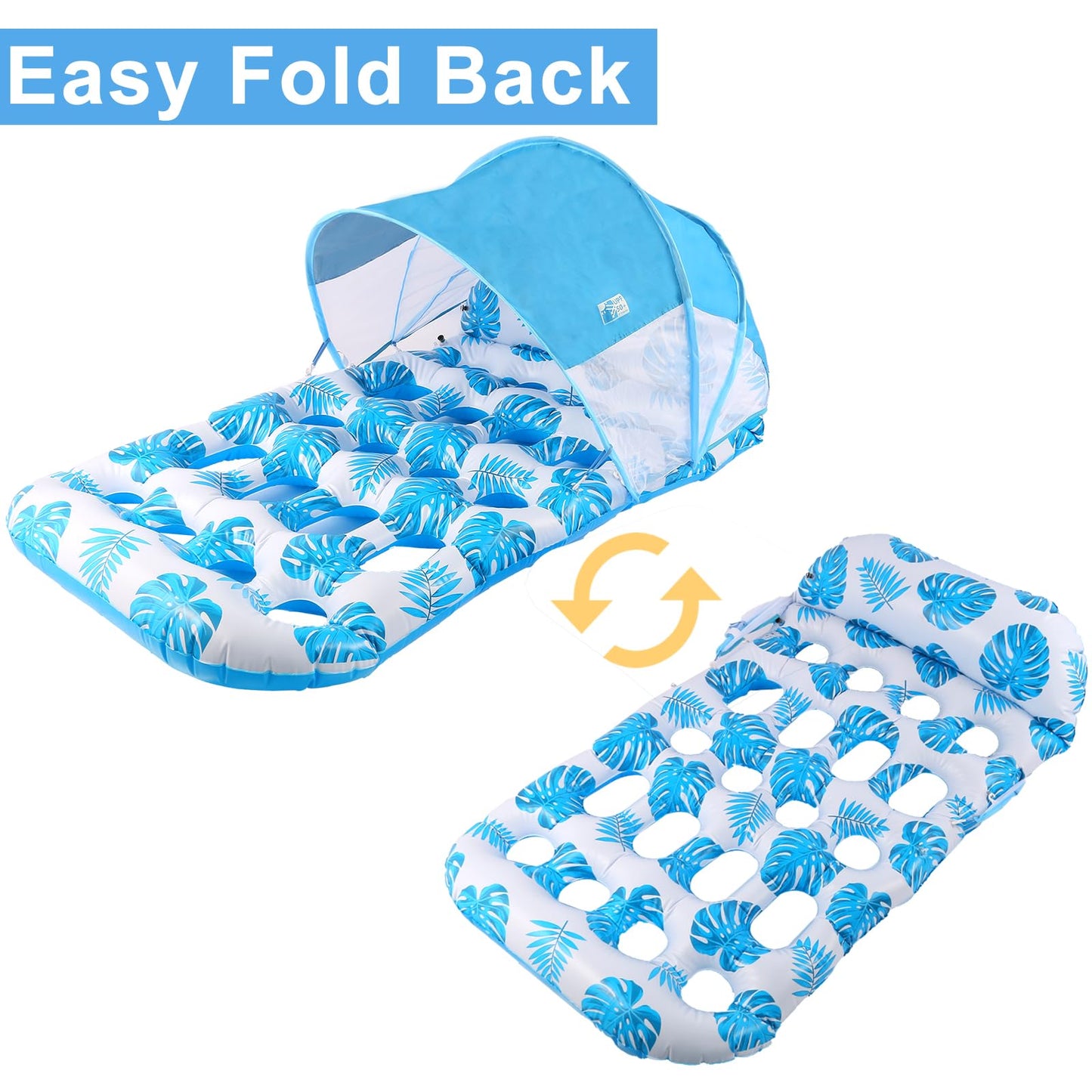 COOLCOOLDEE Inflatable Pool Float with UPF 50+ Canopy | Extra Large Lounger, Headrest & Cup Holder