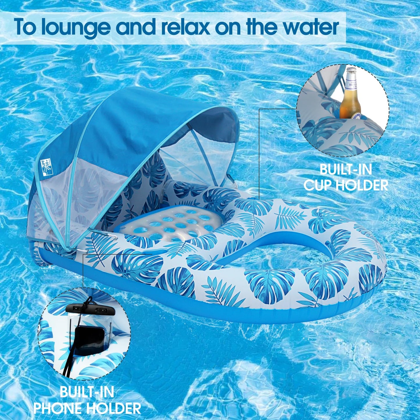 COOLCOOLDEE Pool Lounge Float with Canopy – UPF50+ Shade, Extra Large, Heavy-Duty Inflatable Lounger