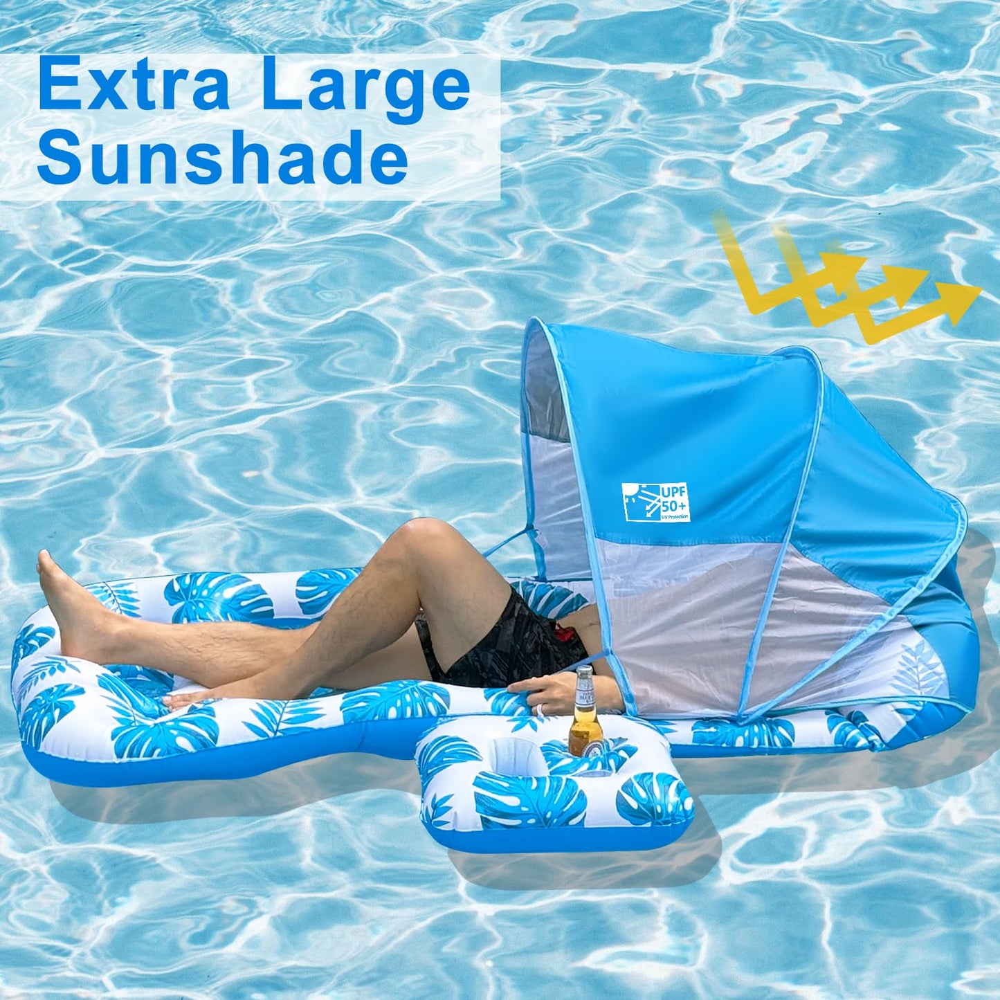 COOLCOOLDEE Inflatable Pool Float with UPF 50+ Canopy | Extra Large Lounger, Headrest & Cup Holder