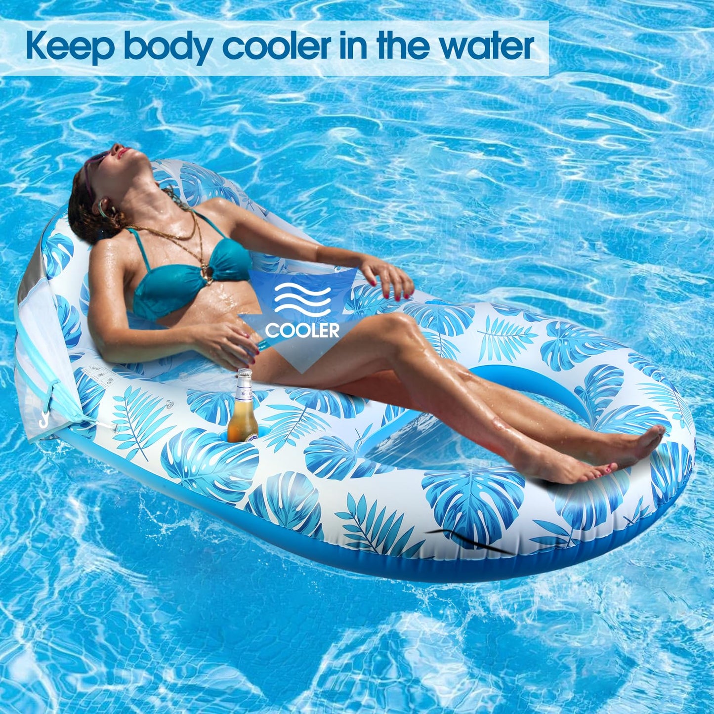 COOLCOOLDEE Pool Lounge Float with Canopy – UPF50+ Shade, Extra Large, Heavy-Duty Inflatable Lounger