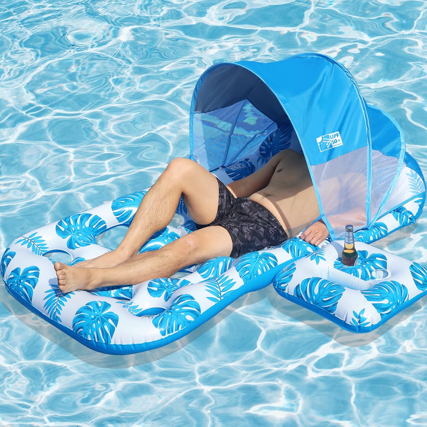 COOLCOOLDEE Inflatable Pool Float with UPF 50+ Canopy | Extra Large Lounger, Headrest & Cup Holder