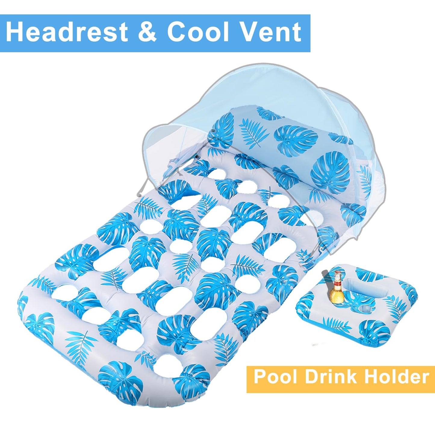 COOLCOOLDEE Inflatable Pool Float with UPF 50+ Canopy | Extra Large Lounger, Headrest & Cup Holder