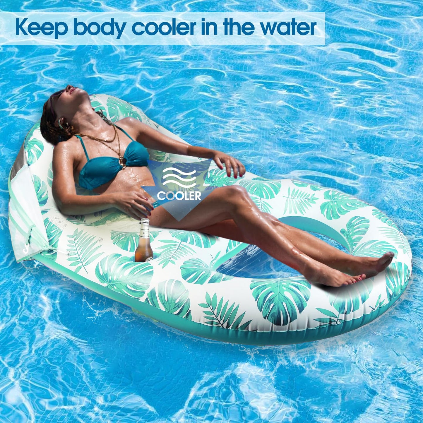 COOLCOOLDEE Pool Lounge Float with Canopy – UPF50+, Extra Large for Adults, Cup Holder & Backrest (Green)