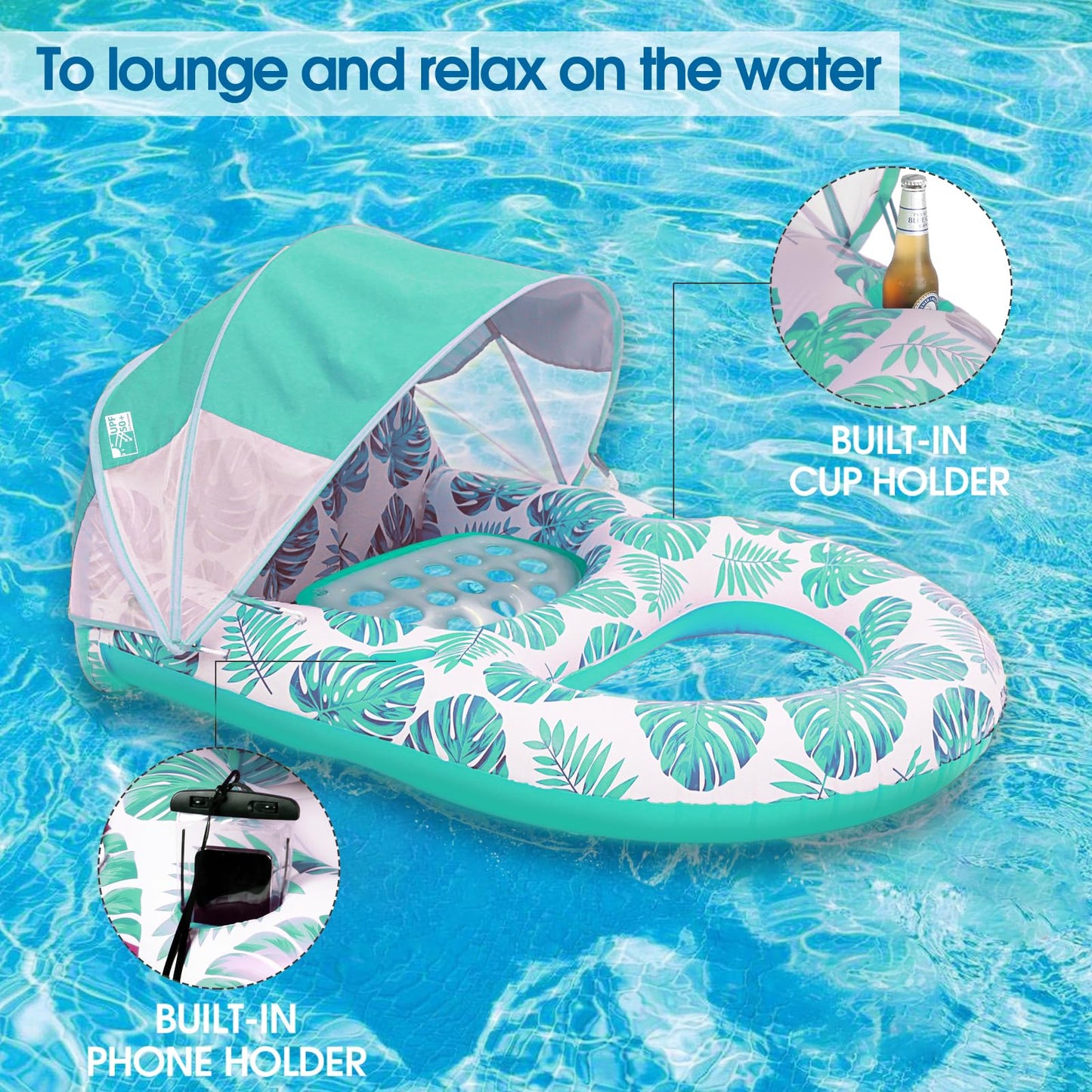 COOLCOOLDEE Pool Lounge Float with Canopy – UPF50+, Extra Large for Adults, Cup Holder & Backrest (Green)